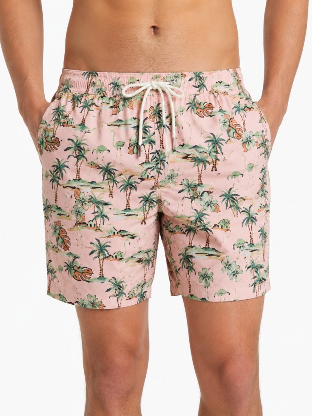 NWT Goodfellow & Co Men's Swim Trunks XXL Pink Tropical Flamingo Palm Tree 7" In
